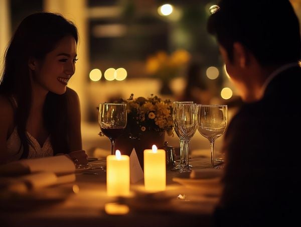 Một buổi hẹn hò lãng mạn có thể bắt đầu bằng một bữa tối nhẹ nhàng tại một nhà hàng ấm cúng với ánh đèn vàng dịu nhẹ