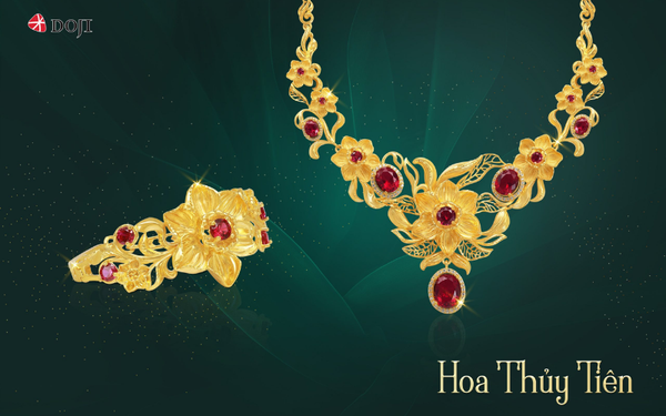 Trang sức Hoa thủy tiên DOJI là sự kết hợp hoàn hảo giữa chất liệu vàng 24K với đá đỏ Synthetic, gợi hình ảnh vườn hoa thủy tiên lộng lẫy đang nở rộ khoe sắc hương