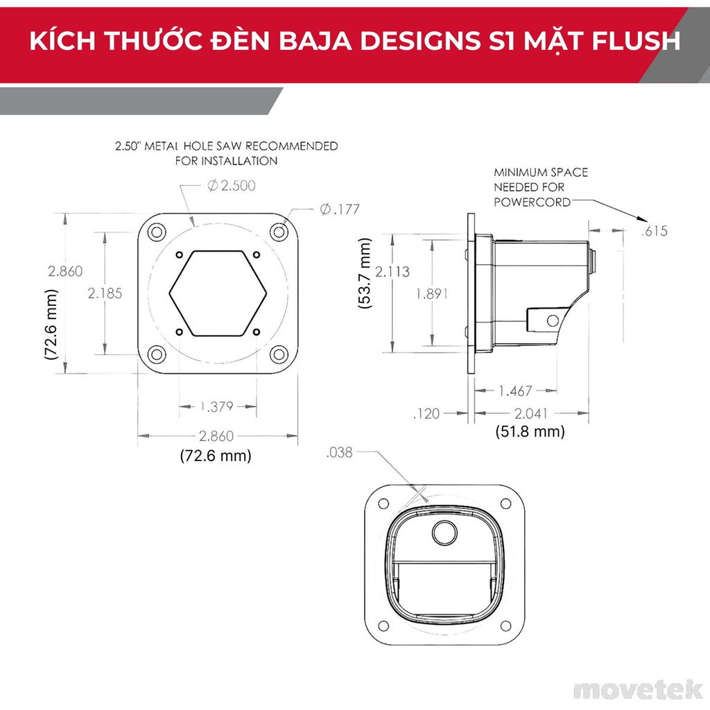 Kích thước đèn Baja Designs S1 mặt flush