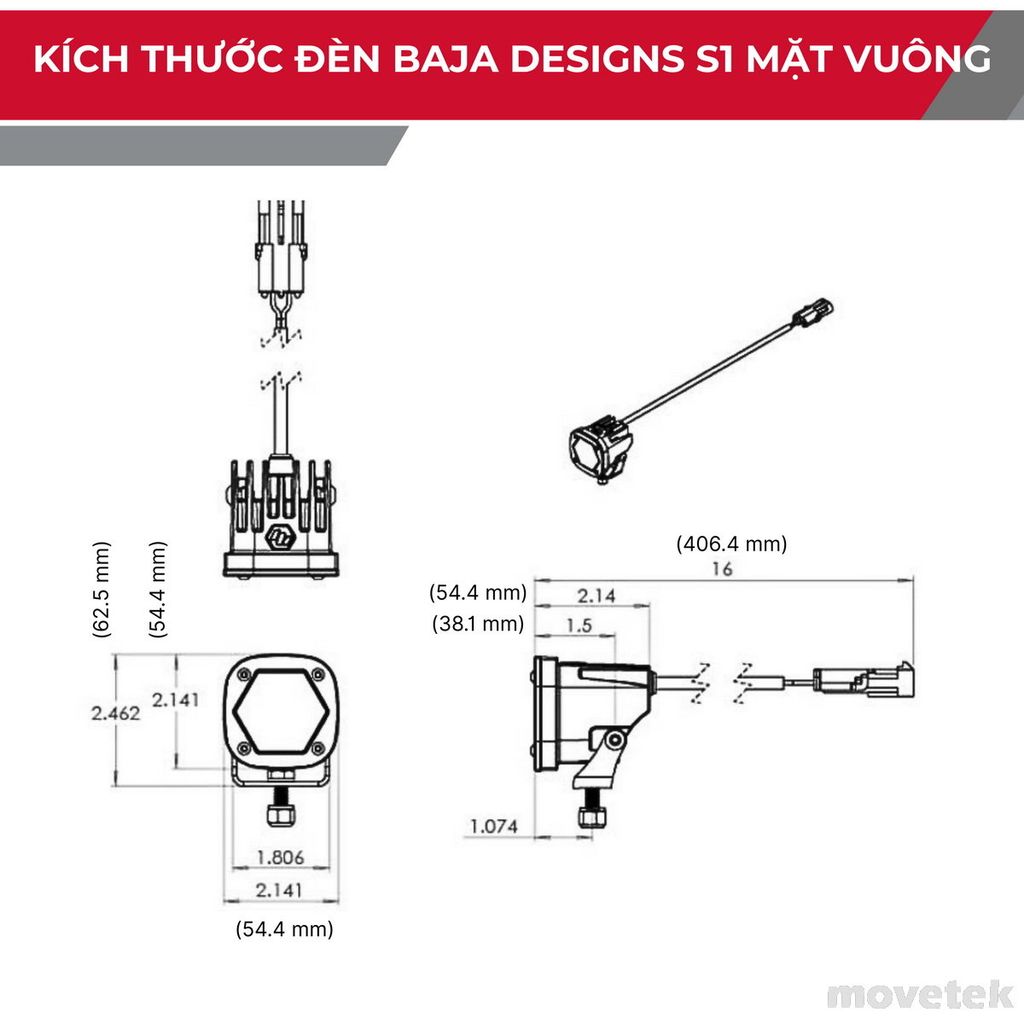 Kích thước đèn Baja Designs S1 mặt vuông