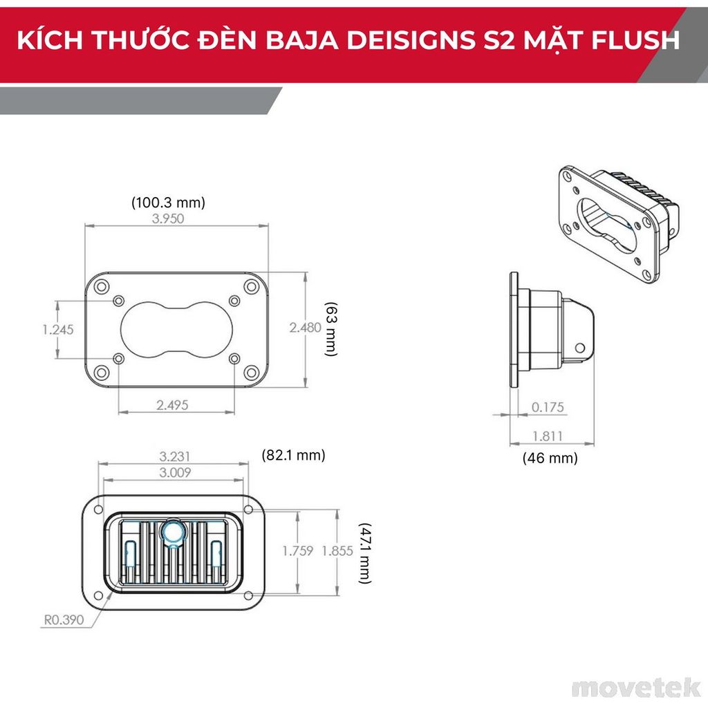 Kích thước đèn Baja Designs S2 Pro màu mặt flush