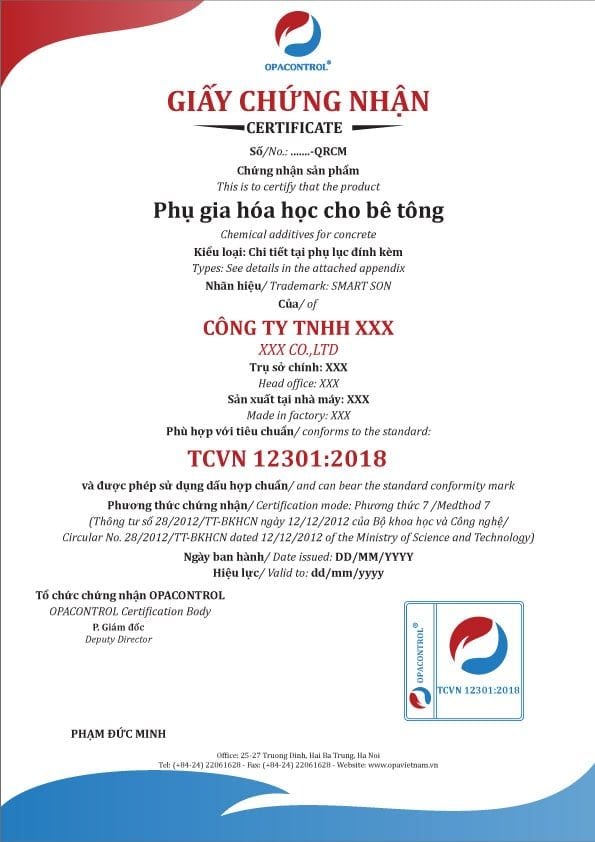 Mẫu giấy chứng nhận hợp chuẩn Phụ gia hóa cho bê tông chảy