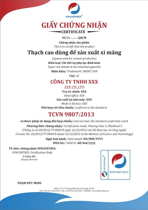 Mẫu giấy CNHC thạch cao sản xuất xi măng TCVN 9807:2013( phương thức 5)