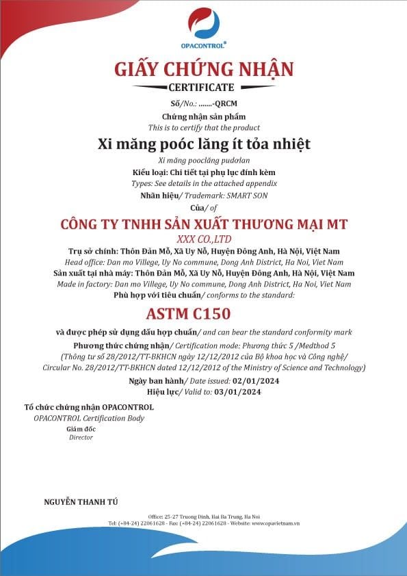 Mẫu giấy CNHC Xi măng poóc lăng ít tỏa nhiệt ASTM C150