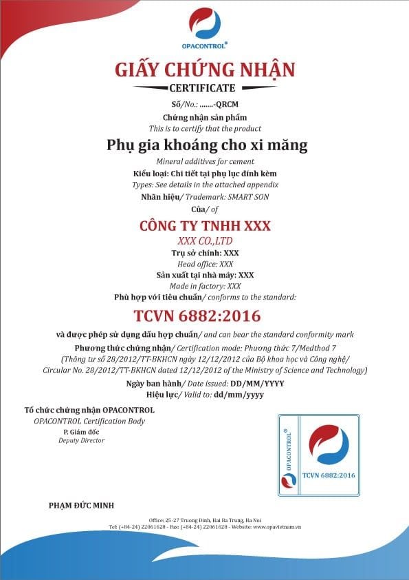 Mẫu giấy chứng nhận hợp chuẩn phụ gia khoáng theo tcvn 6882:2016 (Phương thức 7)