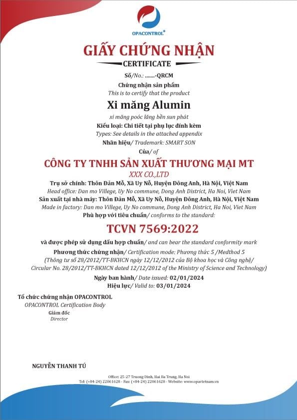 Mẫu giấy CNHC Xi măng Alumin theo TCVN 7569-2022
