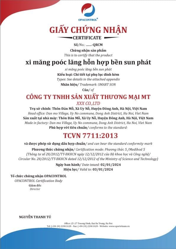 Chứng nhận hợp chuẩn xi măng poóc lăng hỗn hợp bền sun phat TCVN 7711:2013