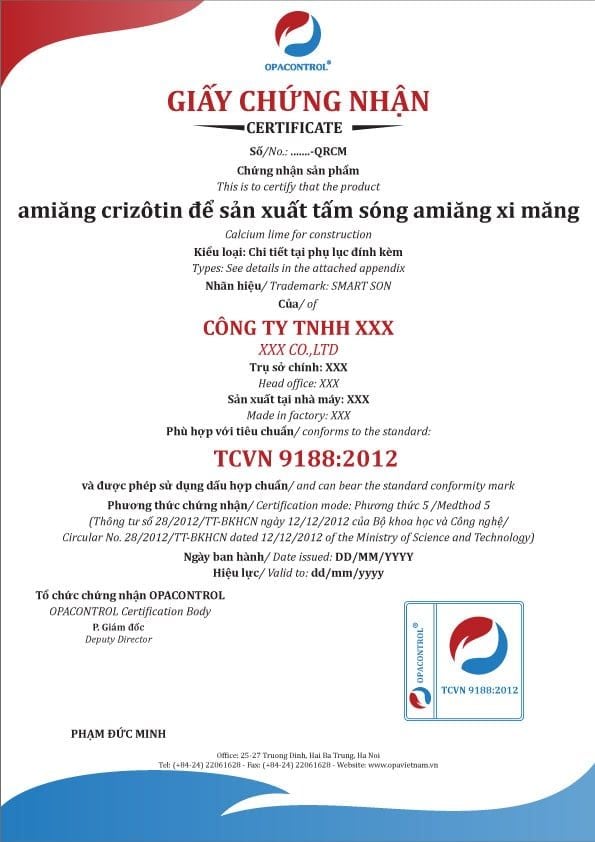 Mẫu giấy chứng nhận hợp chuẩn amiang Crizoton