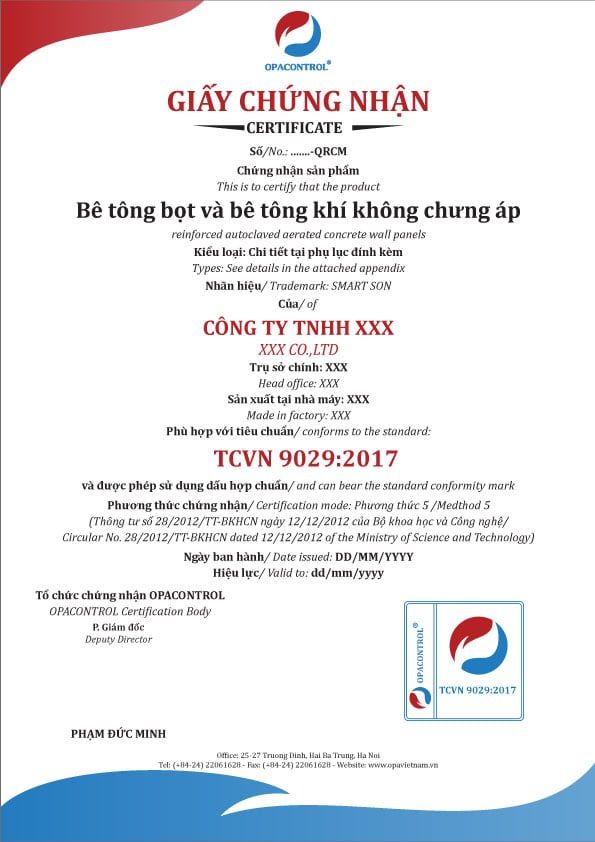 Mẫu giấy chứng nhận hợp chuẩn Bê tông bọt và bê tông khí