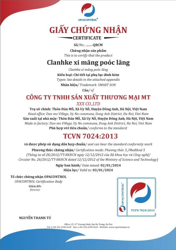 Mẫu giấy chứng nhận hợp chuẩn Clanhke xi măng