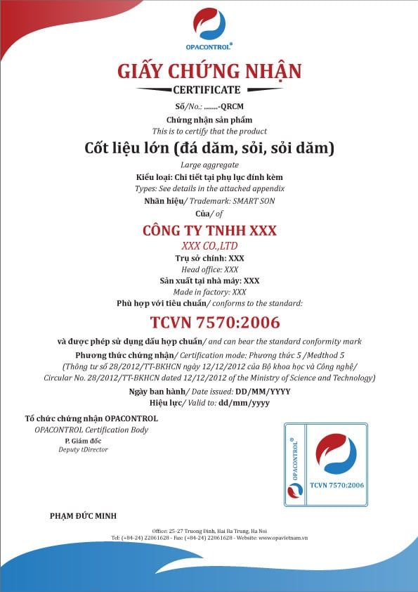 Mẫu giấy chứng nhận hợp chuẩn cốt liệu lớn