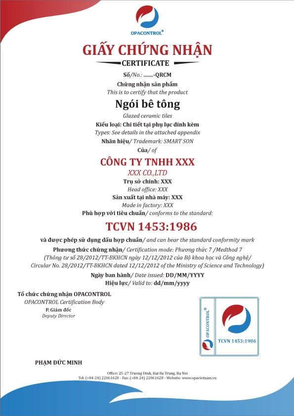Mẫu giấy chứng nhận hợp chuẩn Ngói bê tông
