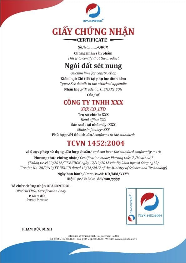 Chứng nhận hợp chuẩn Ngói đất sét nung theo TCVN 1452:2004 (Phương thức 7)