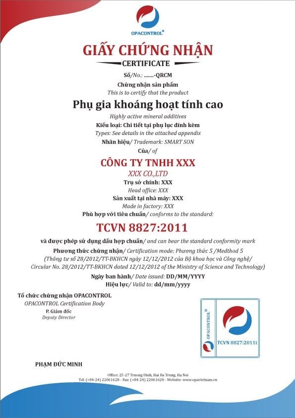 Mẫu giấy Chứng nhận hợp chuẩn phụ gia hoạt tính cao( phương thức 5)