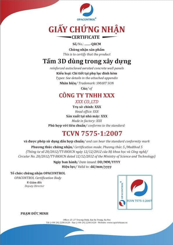 Mẫu giấy chứng nhận hợp chuẩn Tấm 3D trong xây dựng