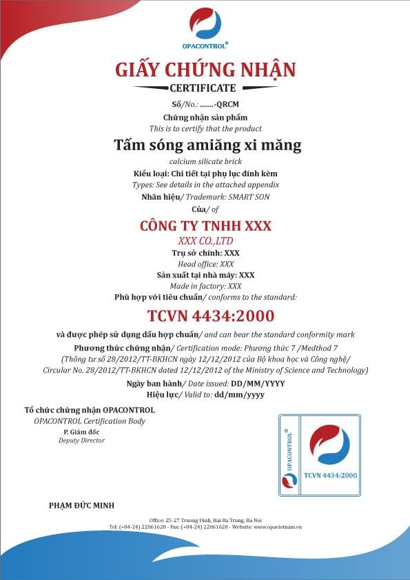 Mẫu giấy chứng nhận hợp chuẩn Tấm sóng amiang xi măng