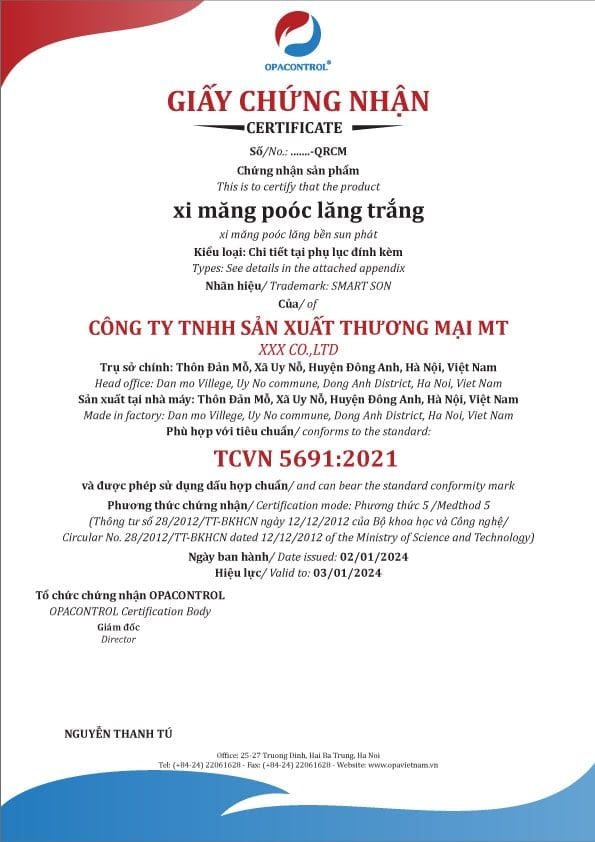 Mẫu giấy CNHC xi măng pooc lăng trắng TCVN 5691:2021