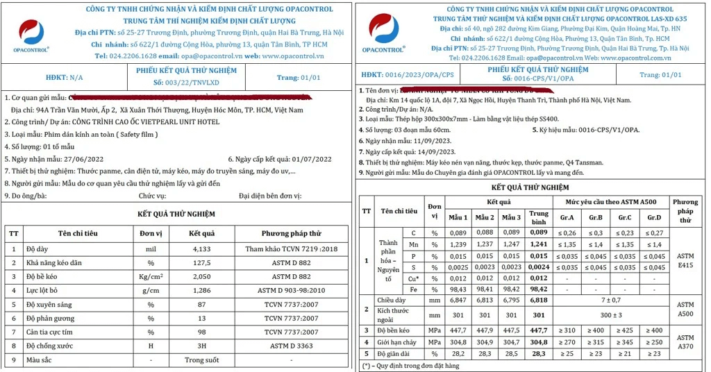 mẫu kết quả thí nghiệm vật liệu xây dựng