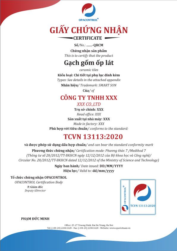 Mẫu giấy chứng nhận hợp chuẩn gạch gốm ốp lát theo TCVN 13113:2020