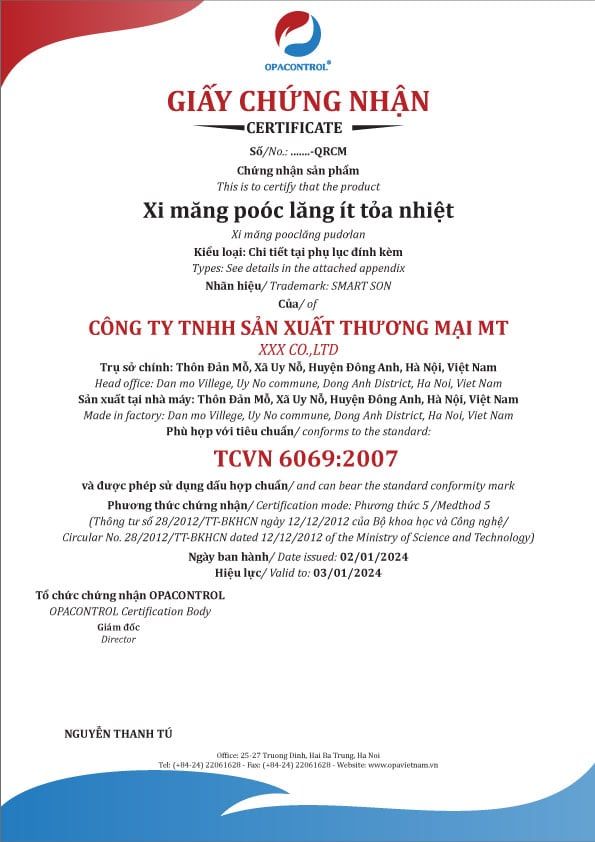 Mẫu giấy CNHC Xi măng poóc lăng ít tỏa nhiệt