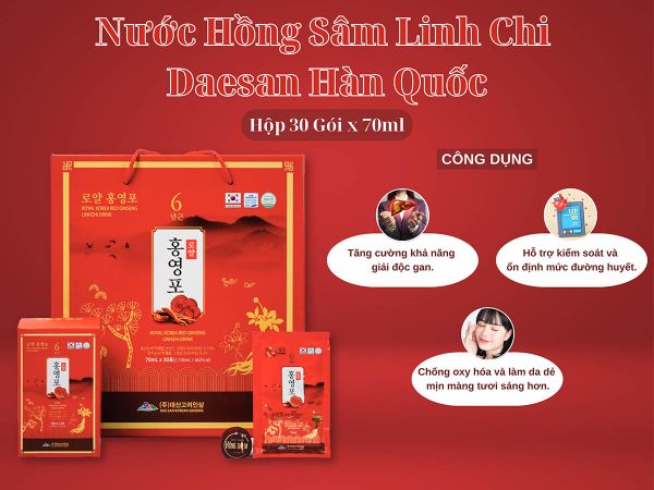 Công dụng&nbsp;của nước hồng sâm linh chi Daesan Hàn Quốc.