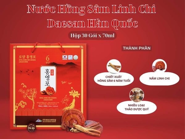 Thành phần nước hồng sâm linh chi Daesan&nbsp;hộp 30 gói x 70ml chính hãng Hàn Quốc.