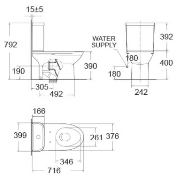 Bản vẽ kích thước bàn cầu American 2 khối 2630-WT