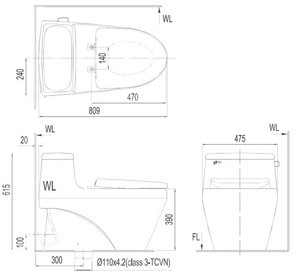 Bồn Cầu INAX AC-1135VN (AC1135VN) 1 Khối với Thiết Kế Aqua Ceramic Xả Gạt