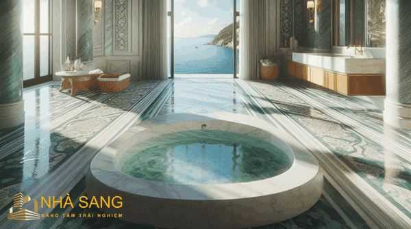 Nội thất nhà tắm Địa Trung Hải gọn gàng, mộc mạc