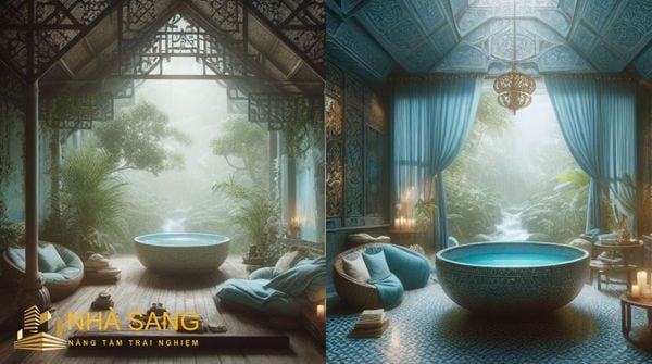 phong tam indochine nhe nhang voi tone mau xanh noi bat