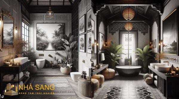phong tam phong cach indochine co tone mau den trang doi lap