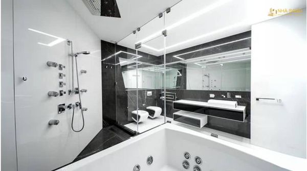 thiet ke phong tam hitech voi mau sac trang den