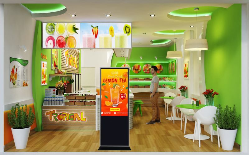 màn hình quảng cáo chân đứng trà chanh quán cafe