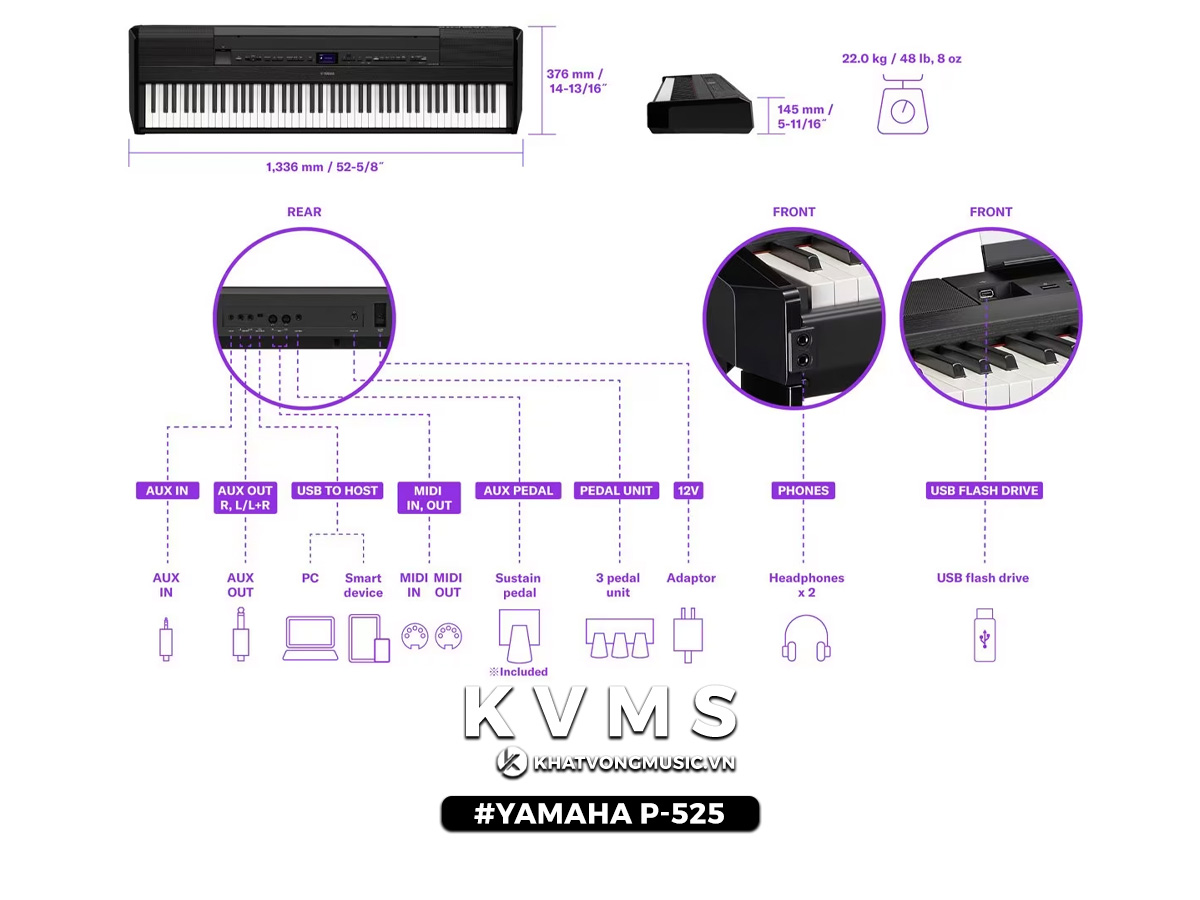 kích thước và kết nối Yamaha P-525B | Yamaha P-525WH