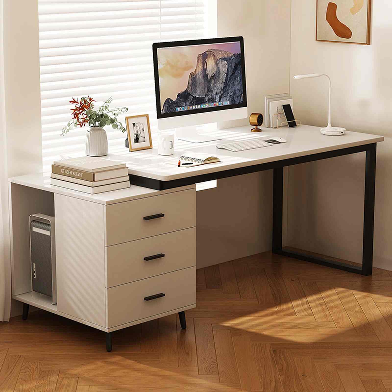 Bàn làm việc kèm tủ đồ khung đen mặt gỗ trắng