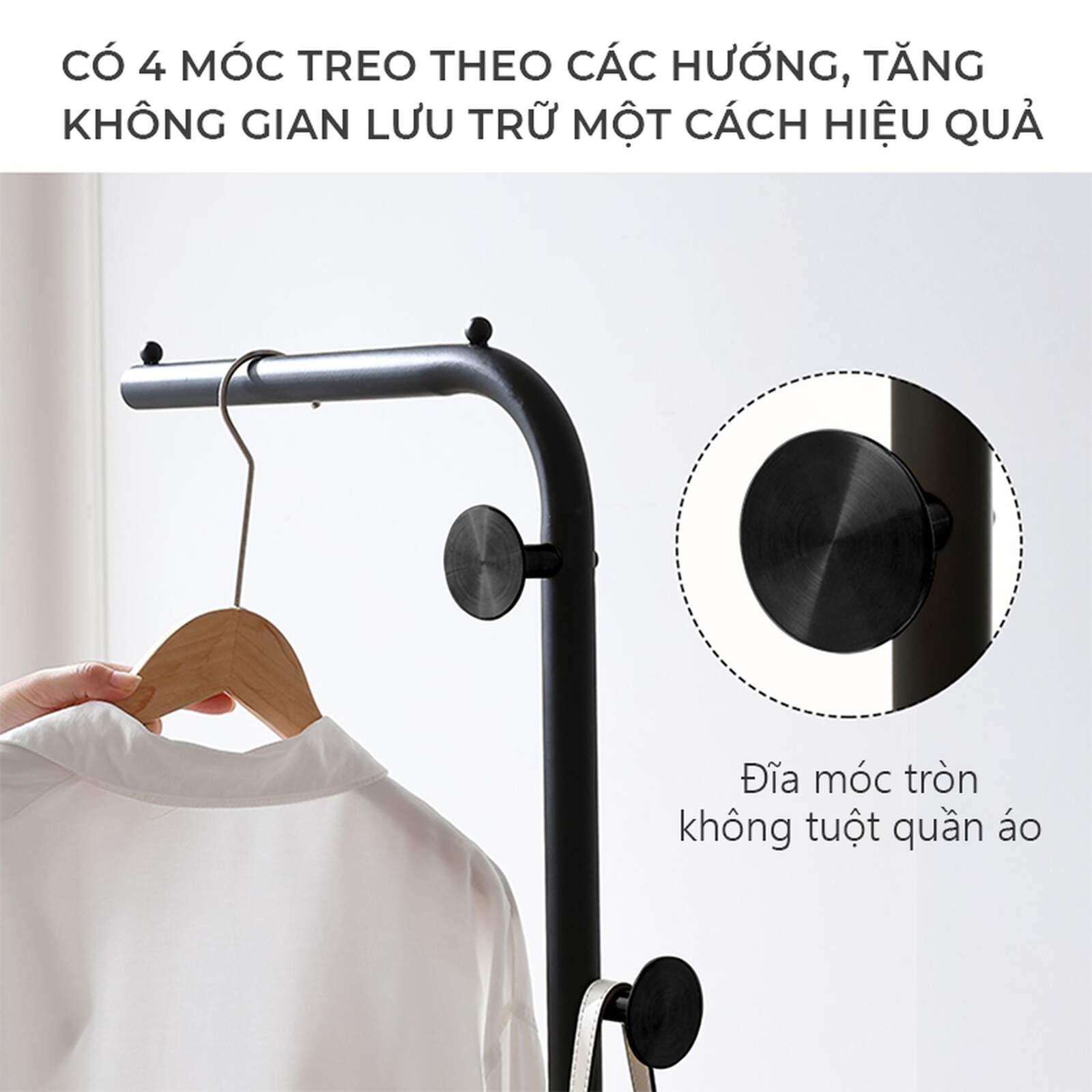 Cây treo quần áo uốn khung đen đế gỗ trắng