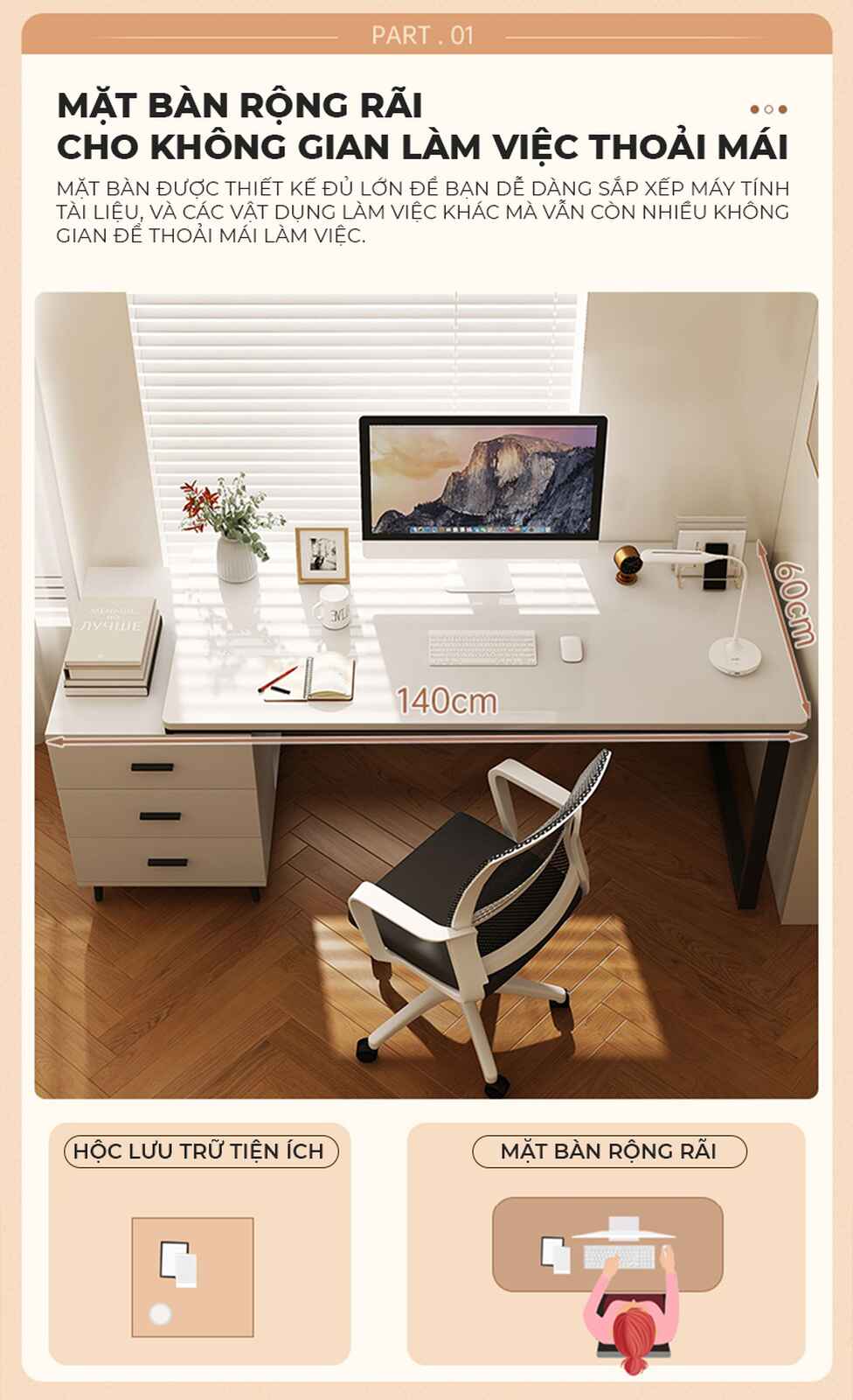 Bàn làm việc kèm tủ đồ khung đen mặt gỗ trắng