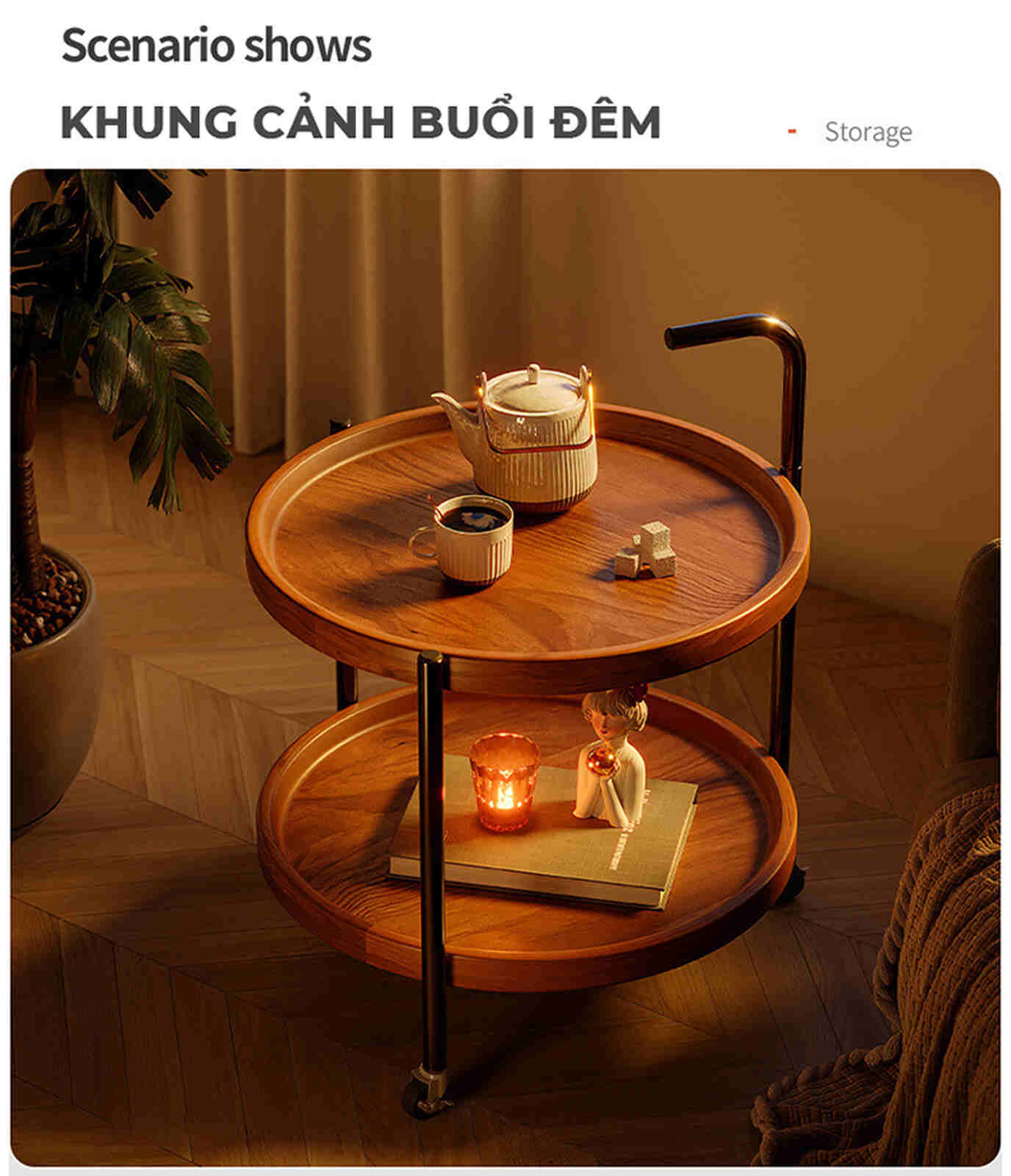 Bàn trà di động 2 tầng chân đen mặt óc chó