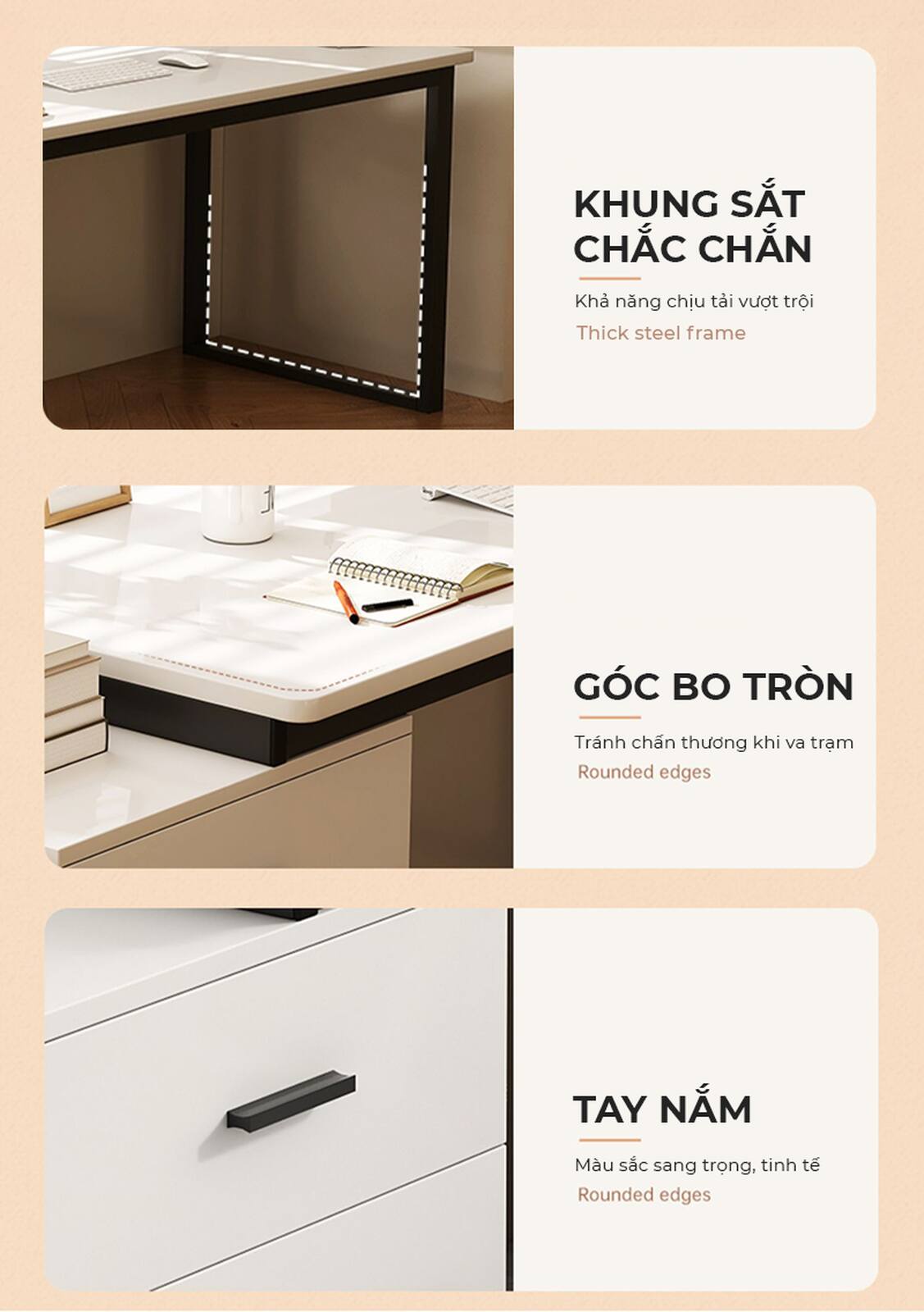 Bàn làm việc kèm tủ đồ khung đen mặt gỗ trắng