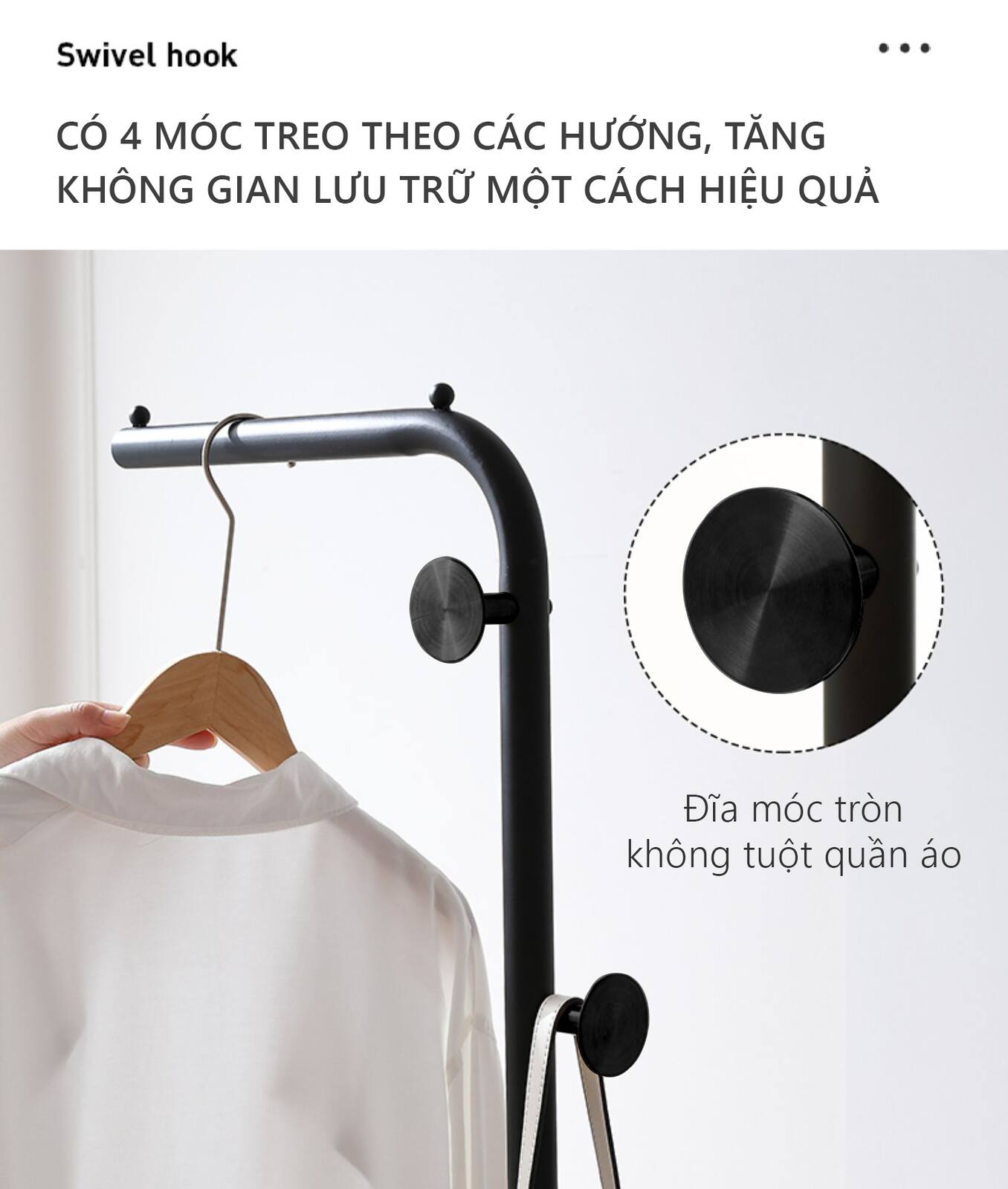 Cây treo quần áo uốn khung đen đế gỗ trắng