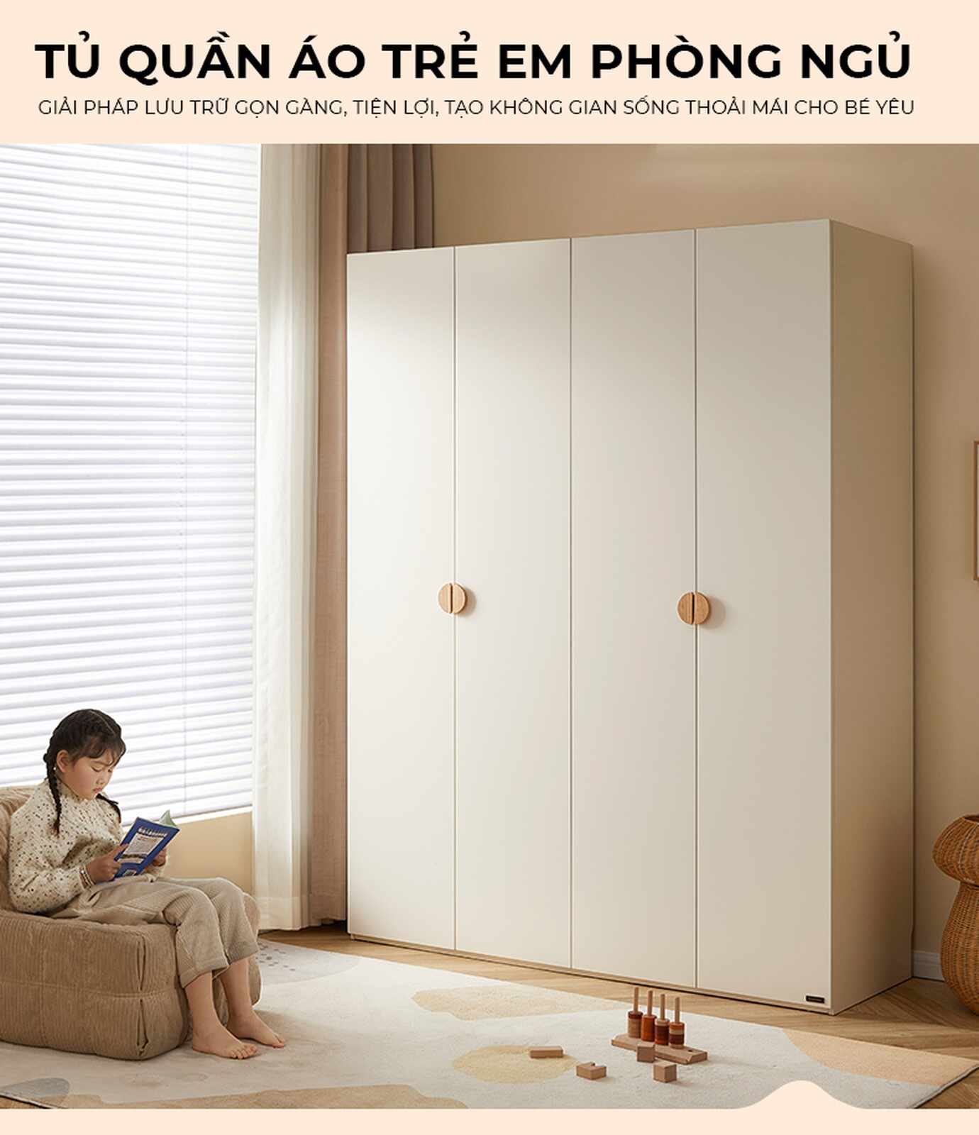 Tủ quần áo trẻ em 4 cánh mở