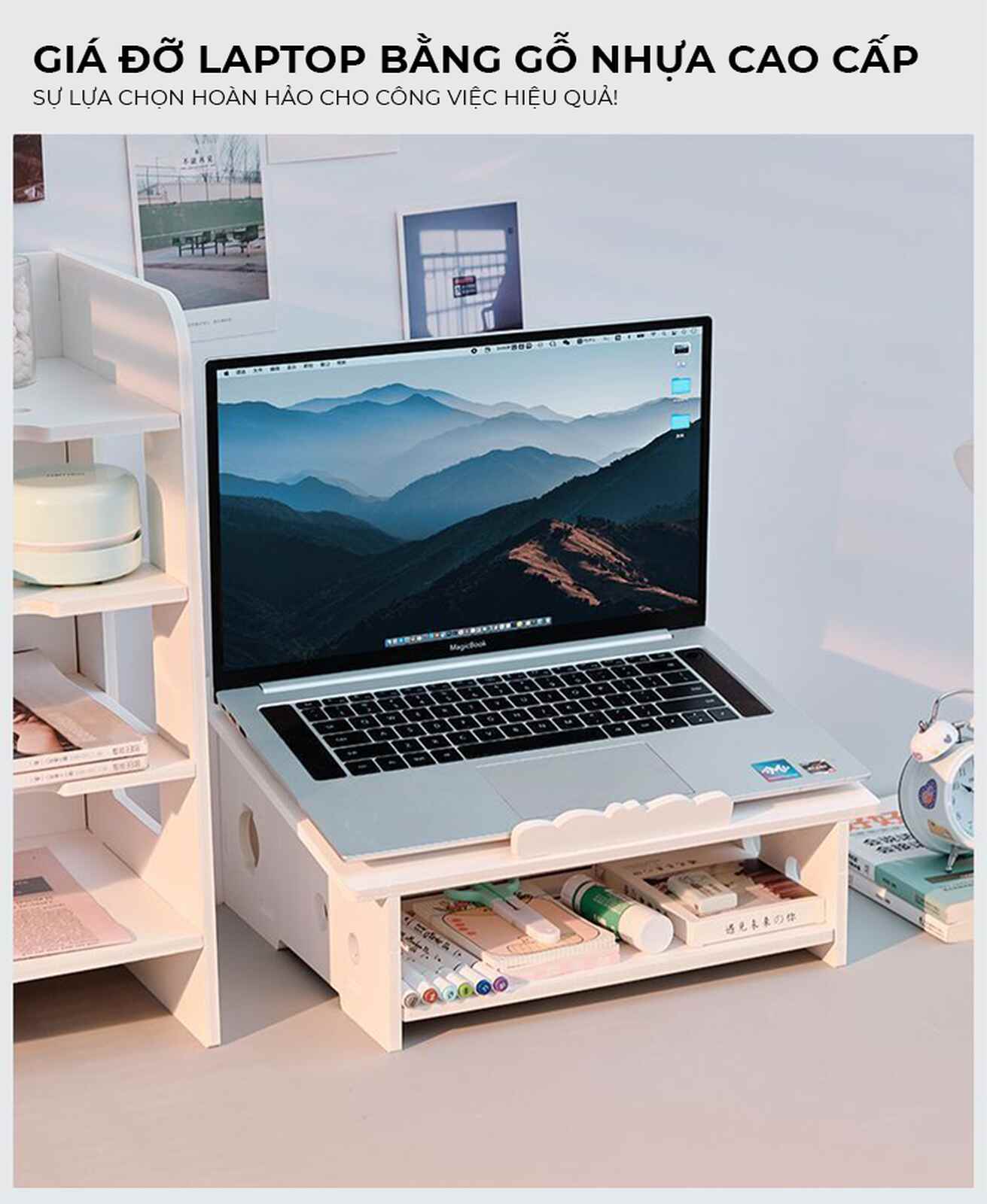 Kệ máy tính 2 tầng màu trắng tản nhiệt tốt