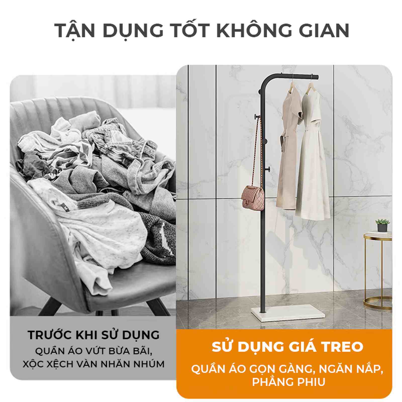 Cây treo quần áo uốn khung đen đế gỗ trắng