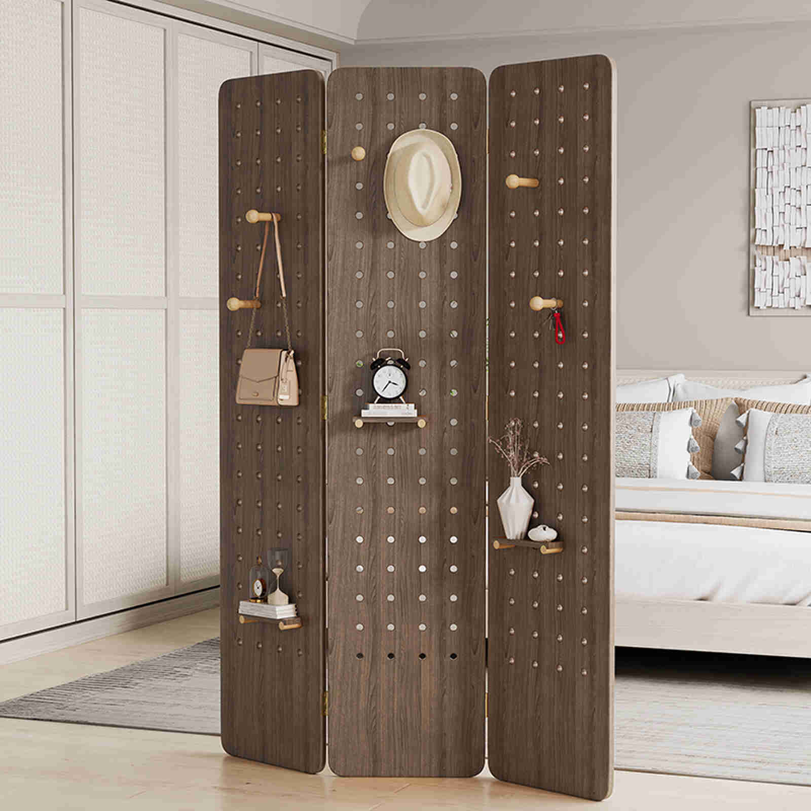 Bình phong kết hợp kệ gỗ trưng bày treo đồ