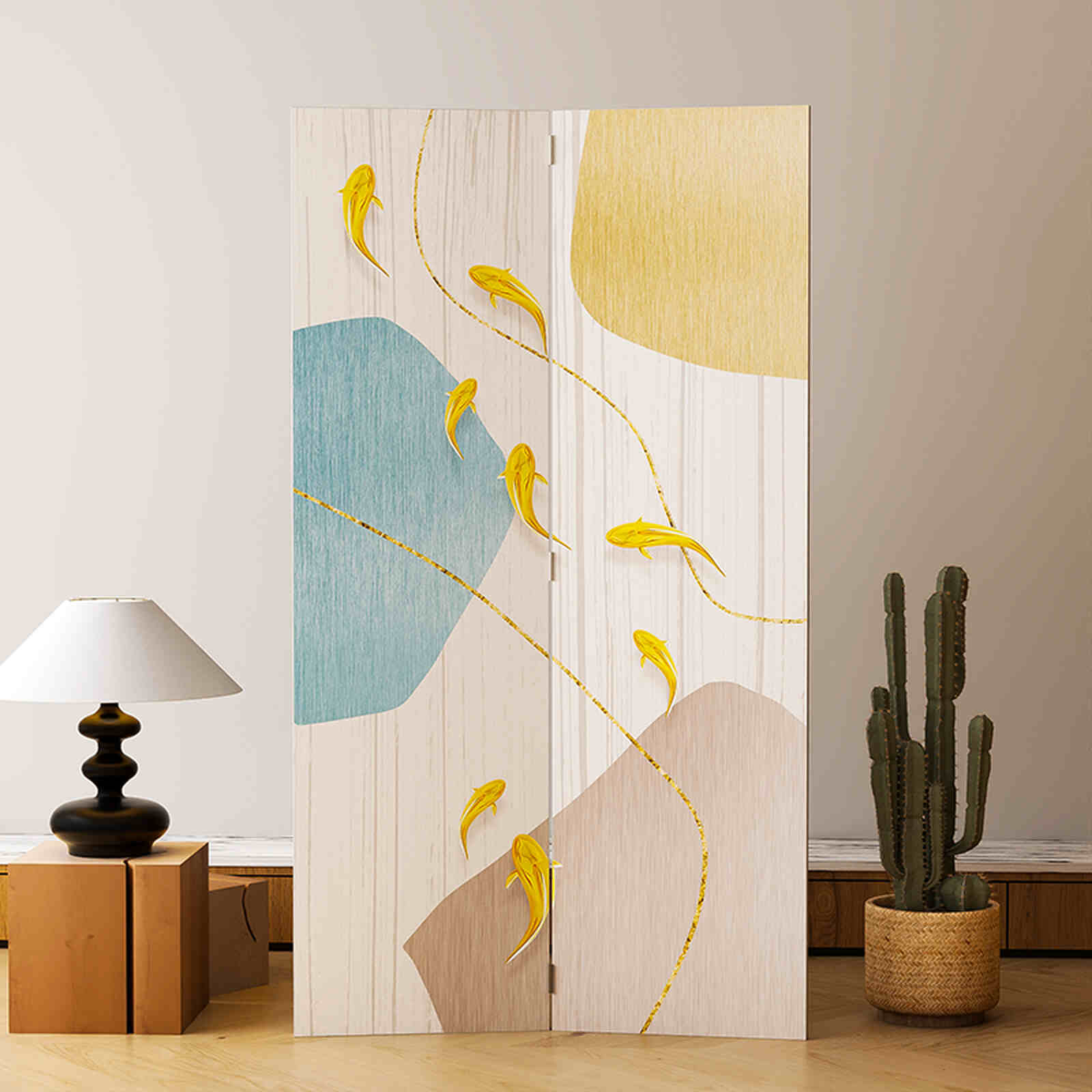 Bình phong 2 tấm canvas cá vàng