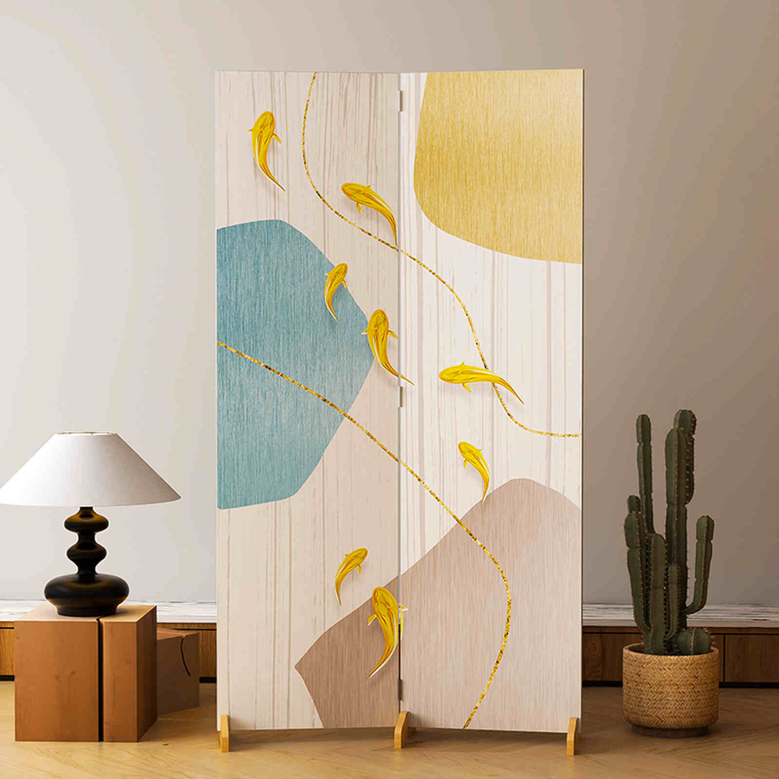 Bình phong 2 tấm canvas cá vàng