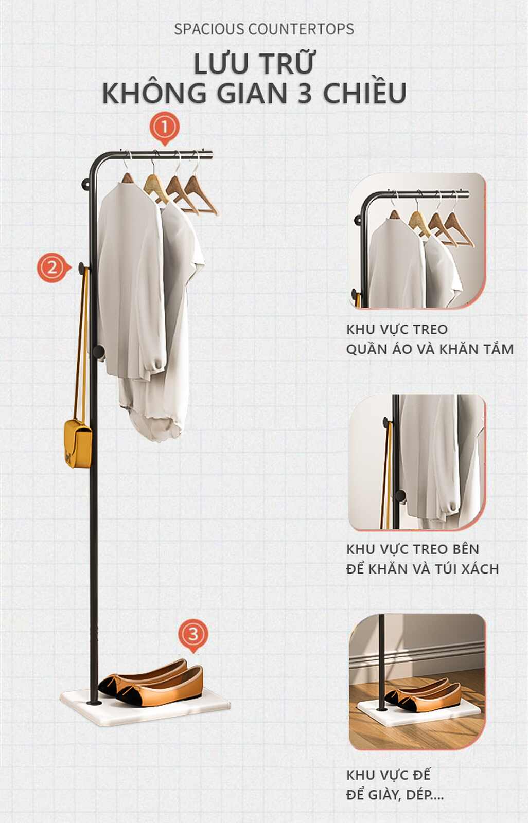 Cây treo quần áo uốn khung đen đế gỗ trắng