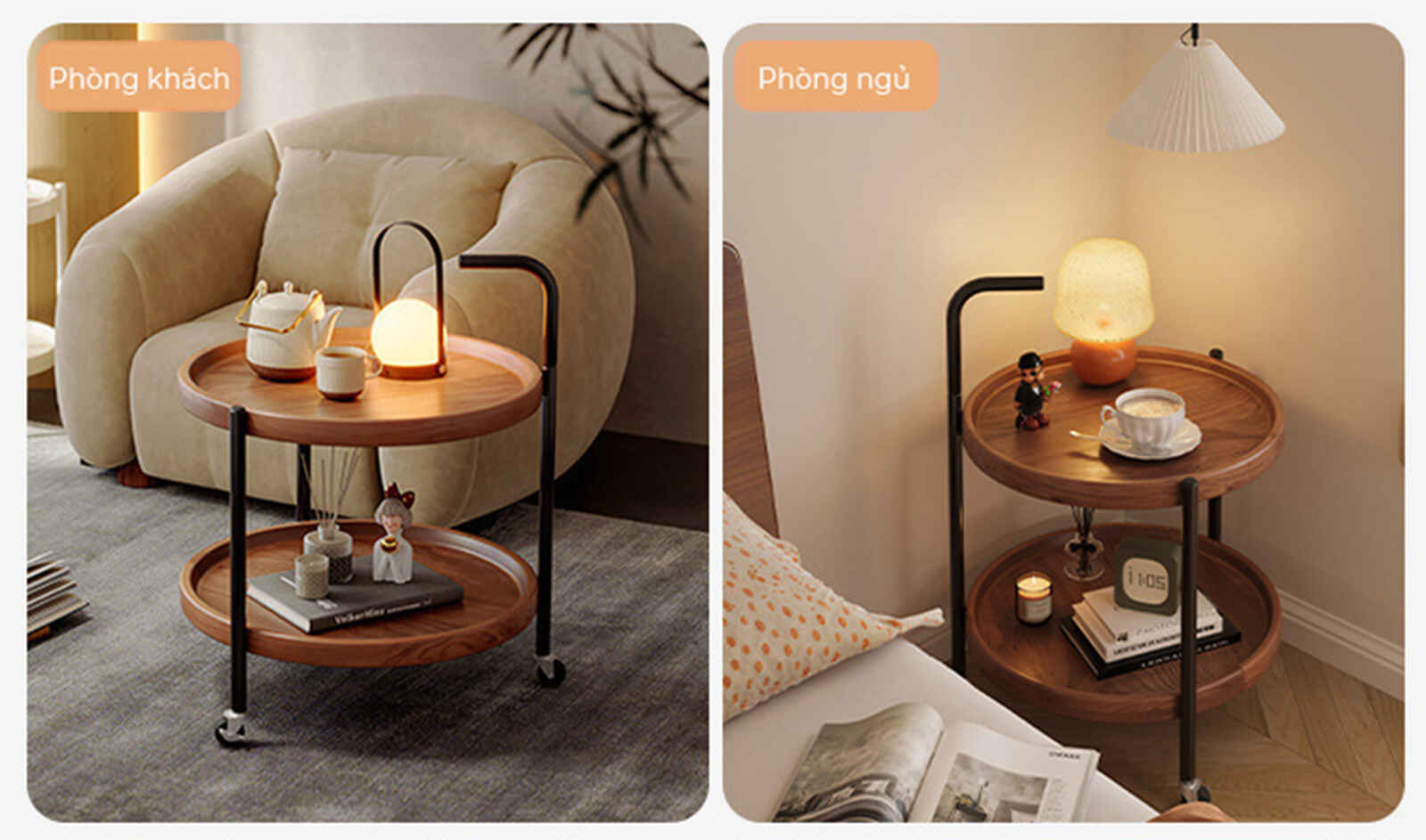 Bàn trà di động 2 tầng chân đen mặt óc chó