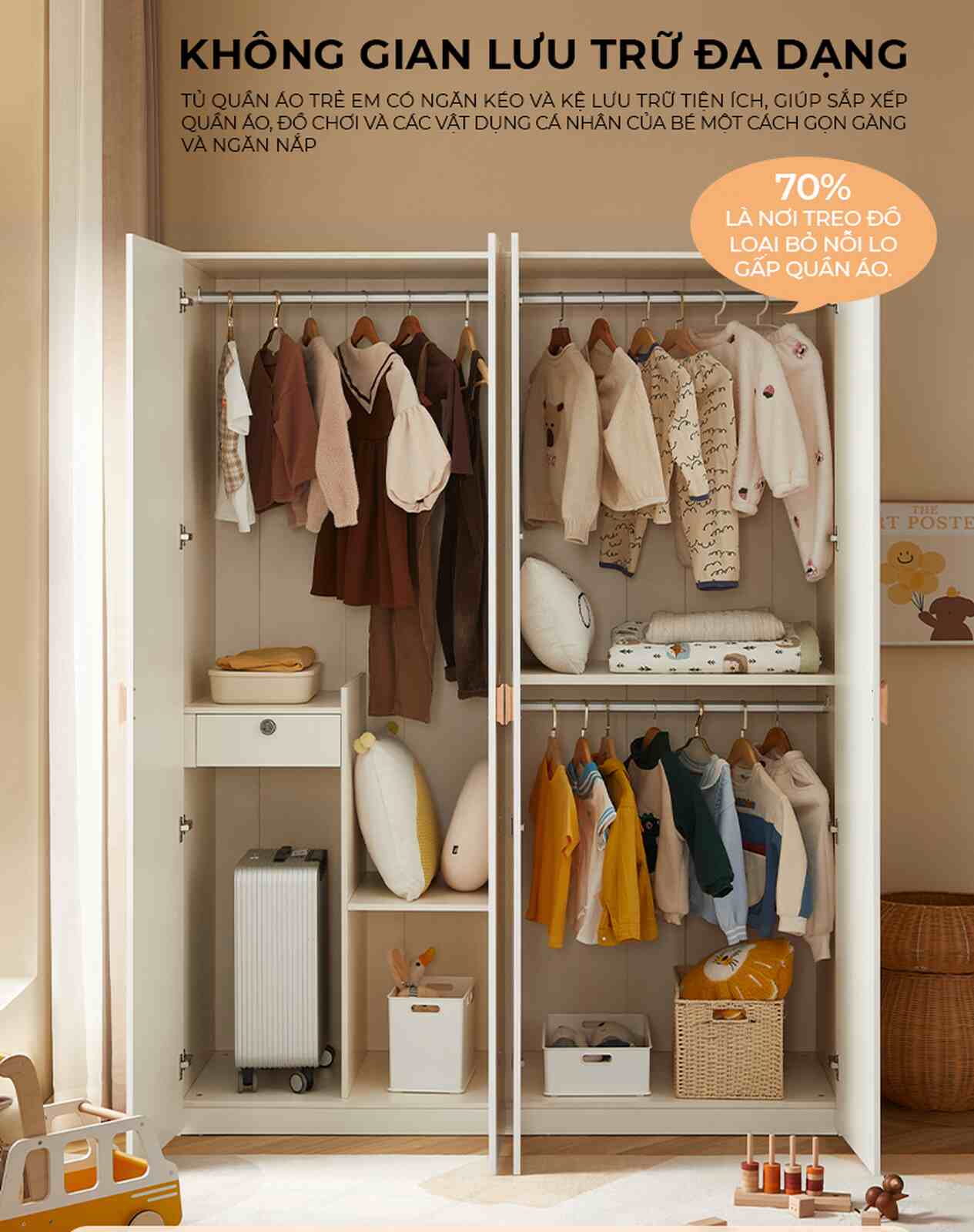 Tủ quần áo trẻ em 4 cánh mở