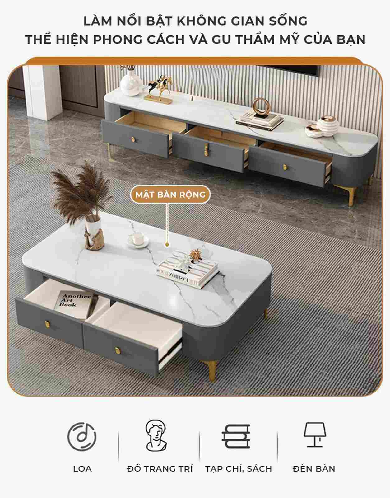Combo bàn trà + kệ tivi vân đá